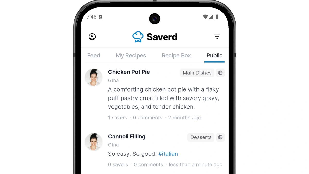 Image of the Saverd recipe feed on an Android phone