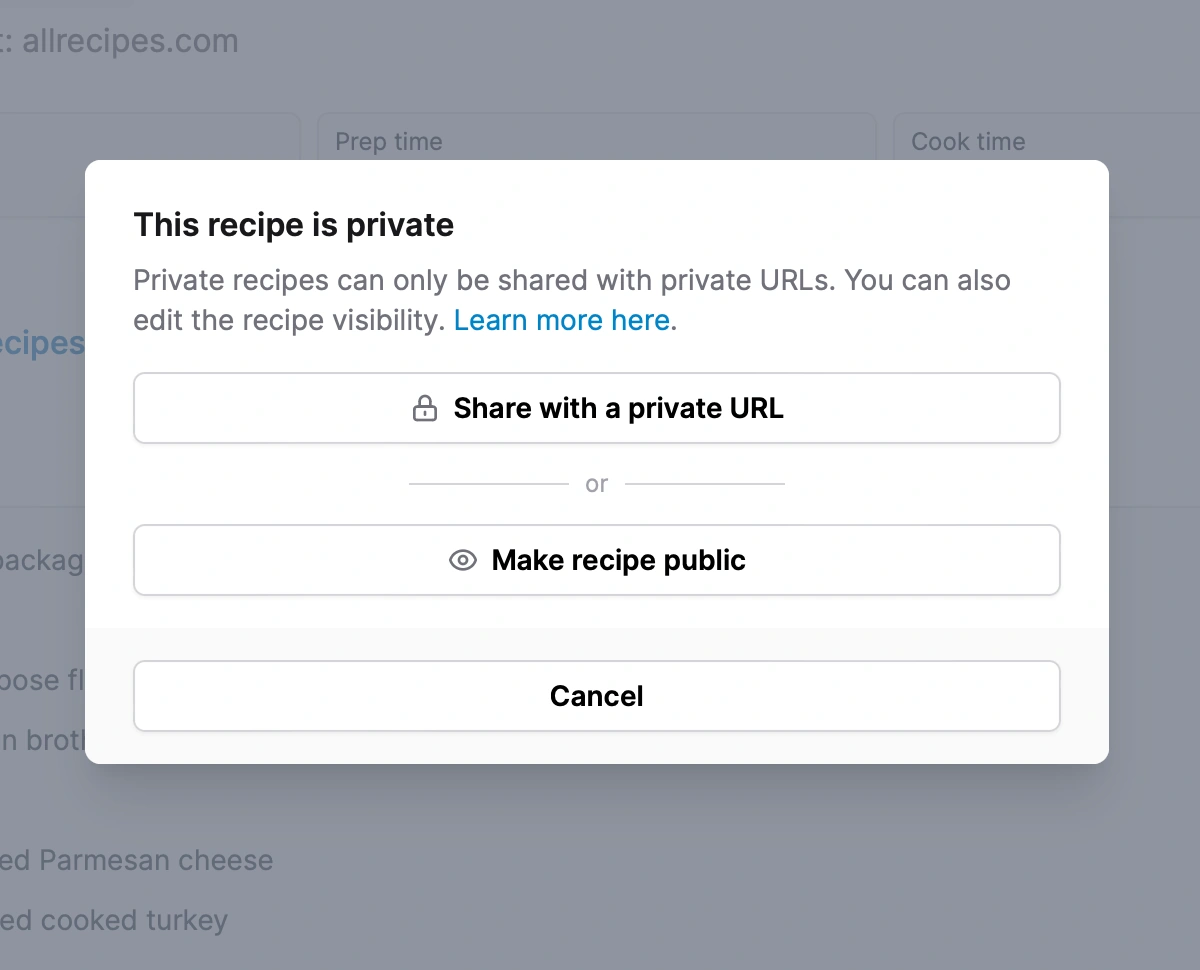 Sharing a private recipe